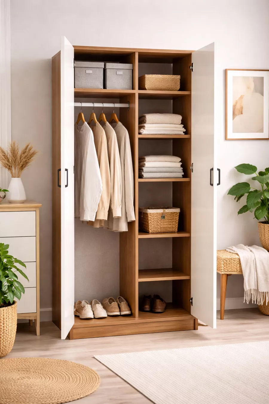 Armoire à vêtements avec 2 portes, étagères et penderie, pin Atlantique-Pierre de lune