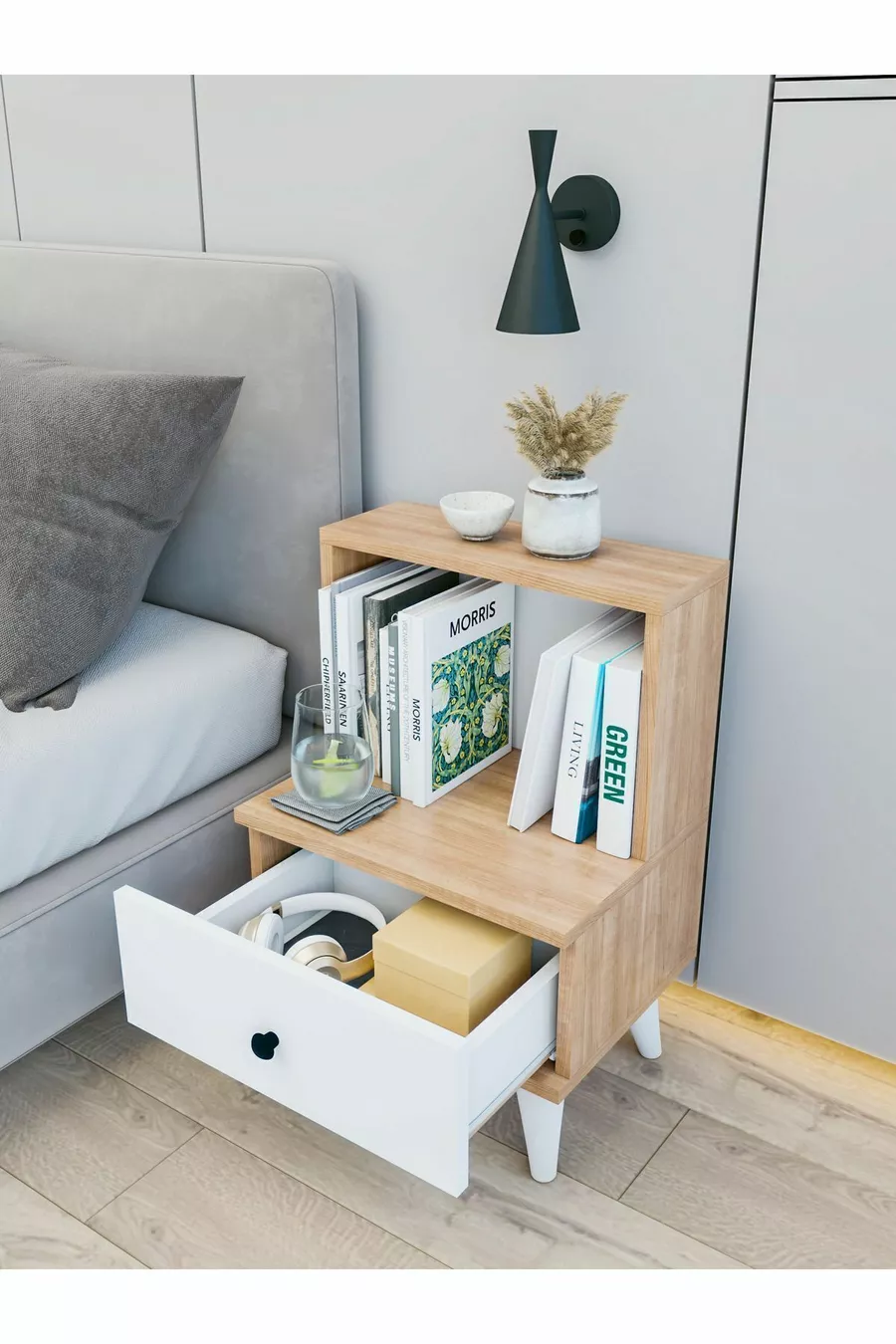 Table de chevet blanche brillante Marbella avec tiroirs et étagères pour chambre à coucher