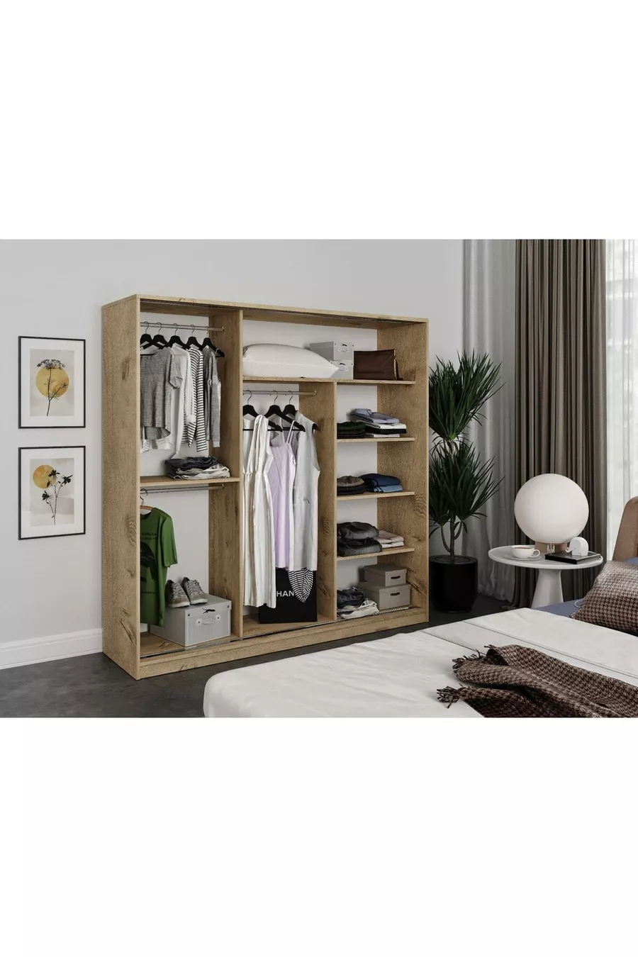Armoire à vêtements avec miroir coulissant à 3 portes Samira - MDF chêne intégral