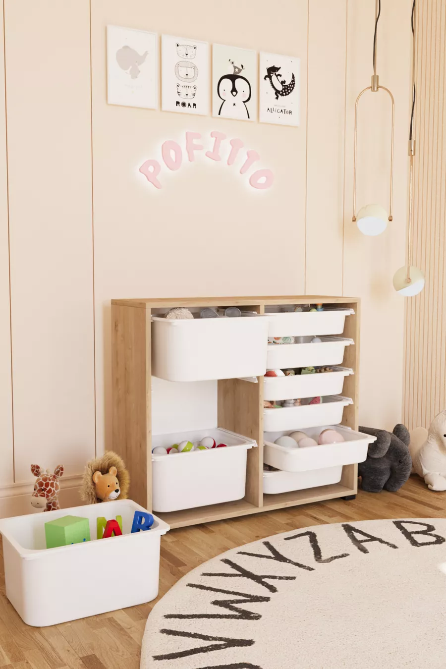 Armoire à jouets 3 profondurs 9 paniers, meuble polyvalent pour cuisine, cellier et salle de bain