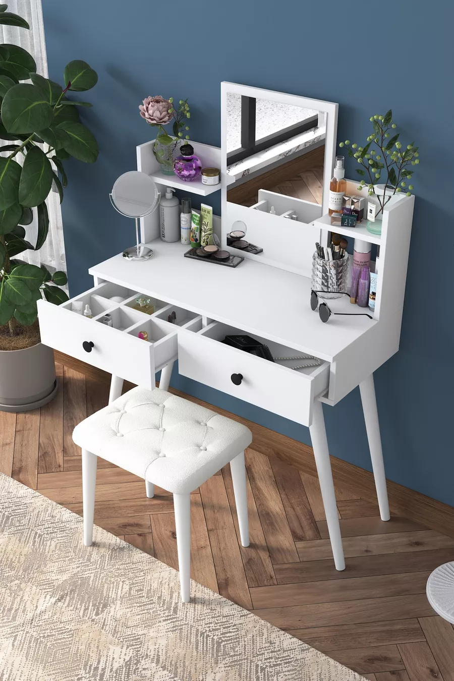 Rani Coiffeuse avec Miroir, 2 Tiroirs et Étagère, Organisateur de Bijoux avec Pouf, Ensemble Blanc