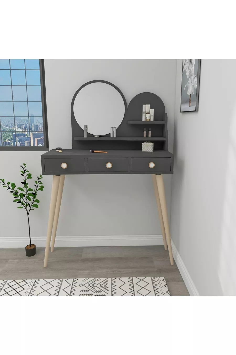 Coiffeuse en bois avec miroir et tiroirs Ruges sur pieds, anthracite - Ruges