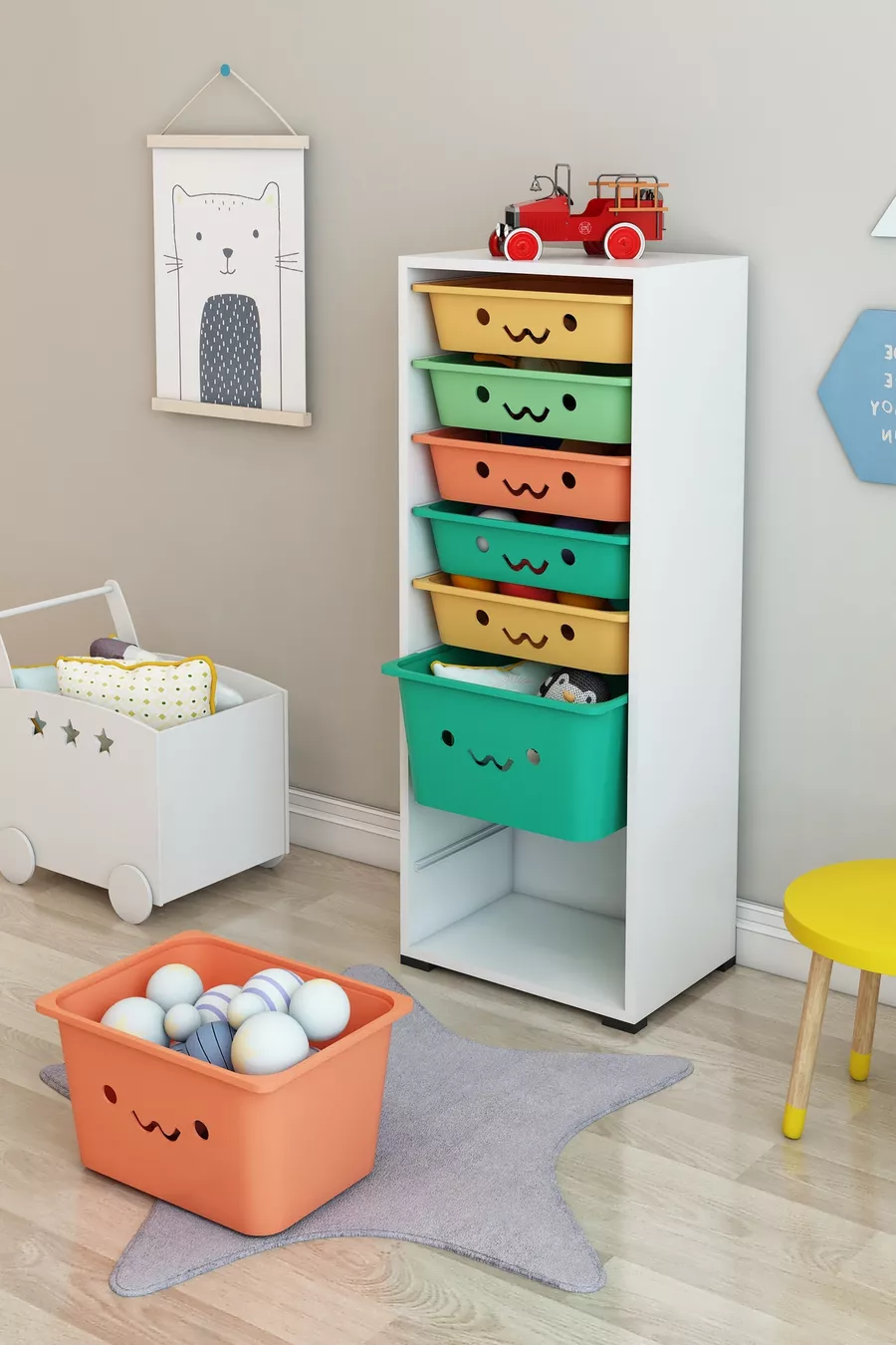 KIDS Armoire à jouets avec 7 paniers et sourires Boîte de rangement pour jouets