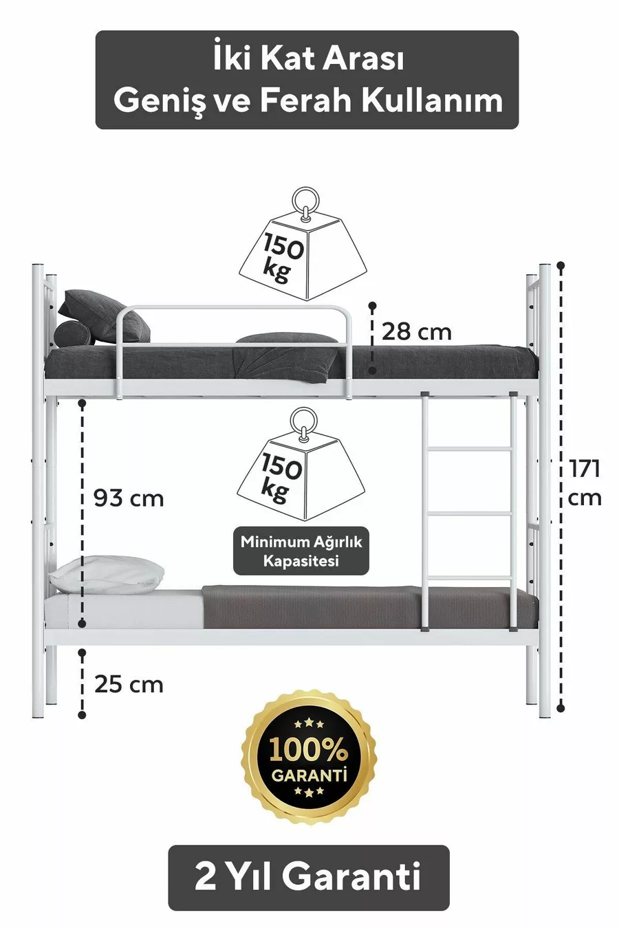 Lits superposés Tekno compatibles avec matelas, métal blanc détachable