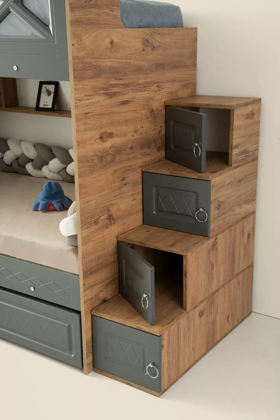 Lits superposés Mars avec tiroirs, anthracite & bois, support en acier, revêtement en membrane, 100% MDF