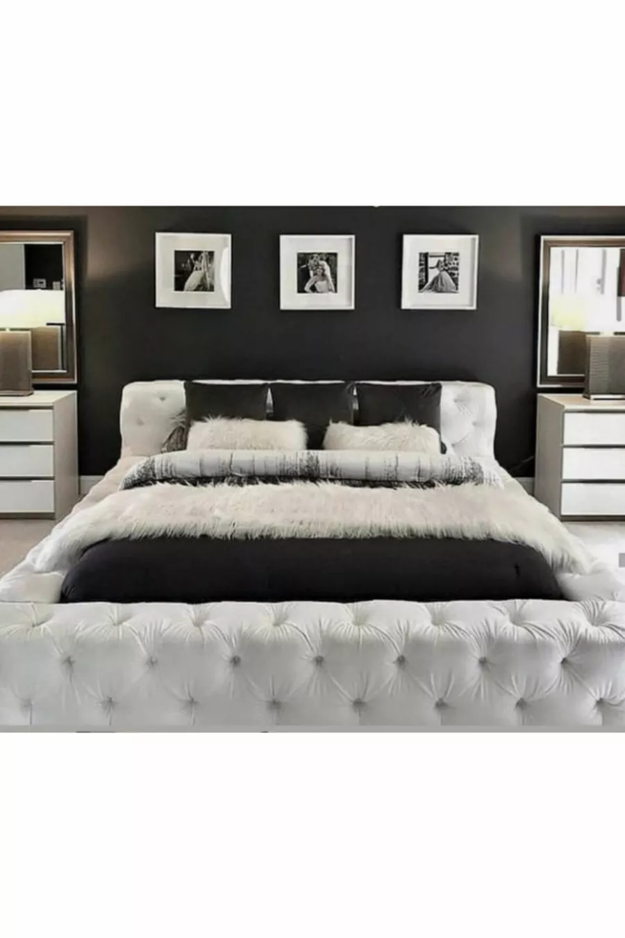 Lit double avec tête de lit, couleur flocon de neige blanc