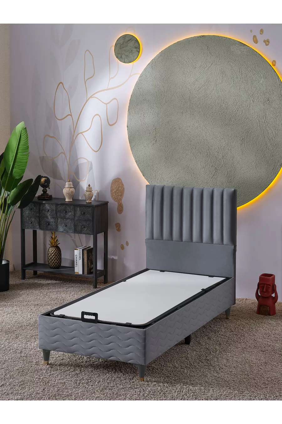 Ezgi Lit Simple (Cadre + Tête de lit + Matelas) Set de 3 pièces (Gris)