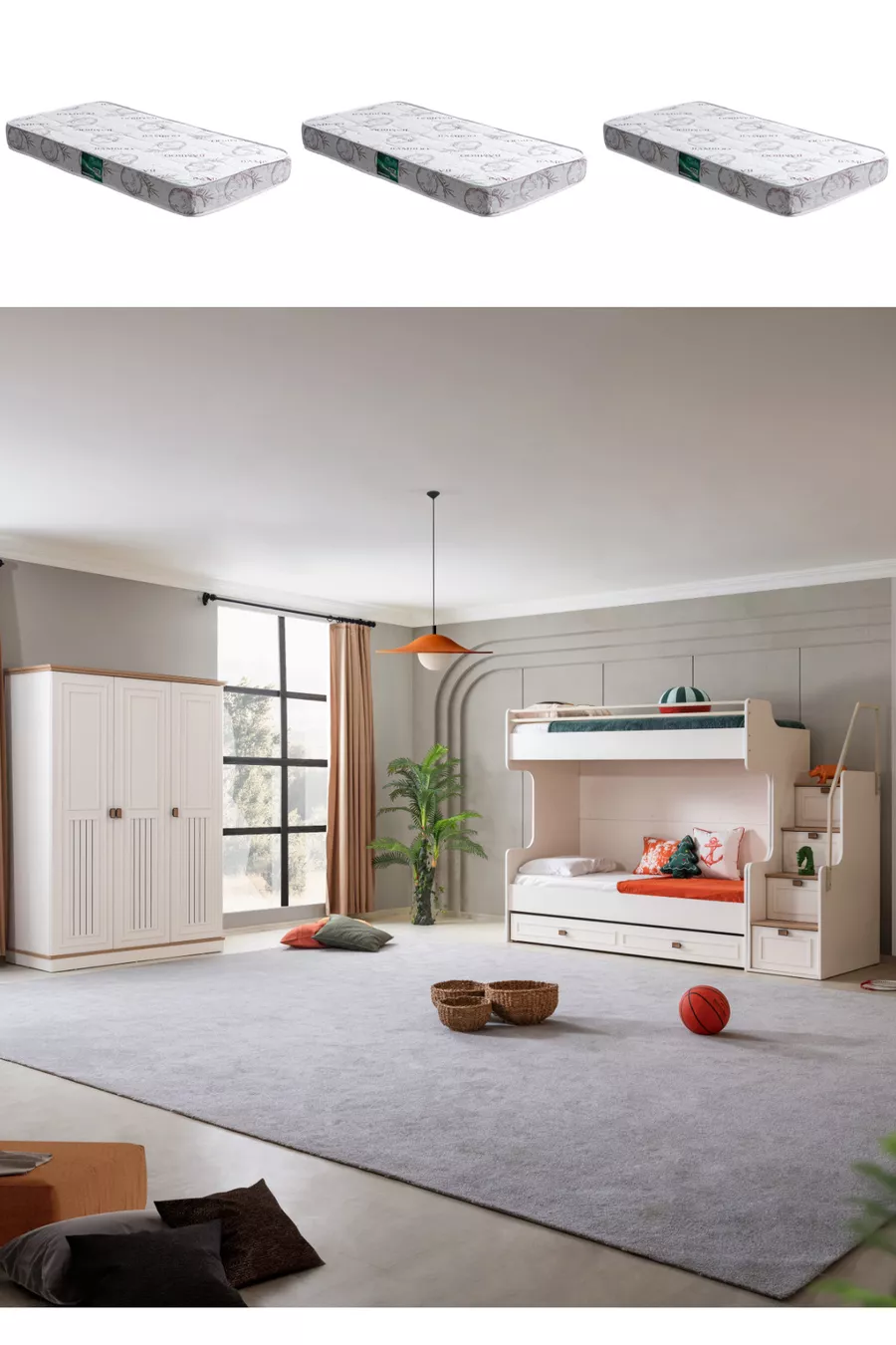 Lit superposé, Lit superposé avec tiroirs Zenit Plus, Armoire à 3 portes, 3 matelas confort
