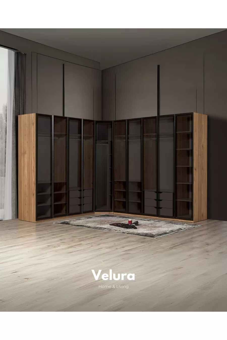 Ensemble de chambre à coucher İzgi (Armoire d'angle avec porte en verre + Commode + Table de chevet + Lit)