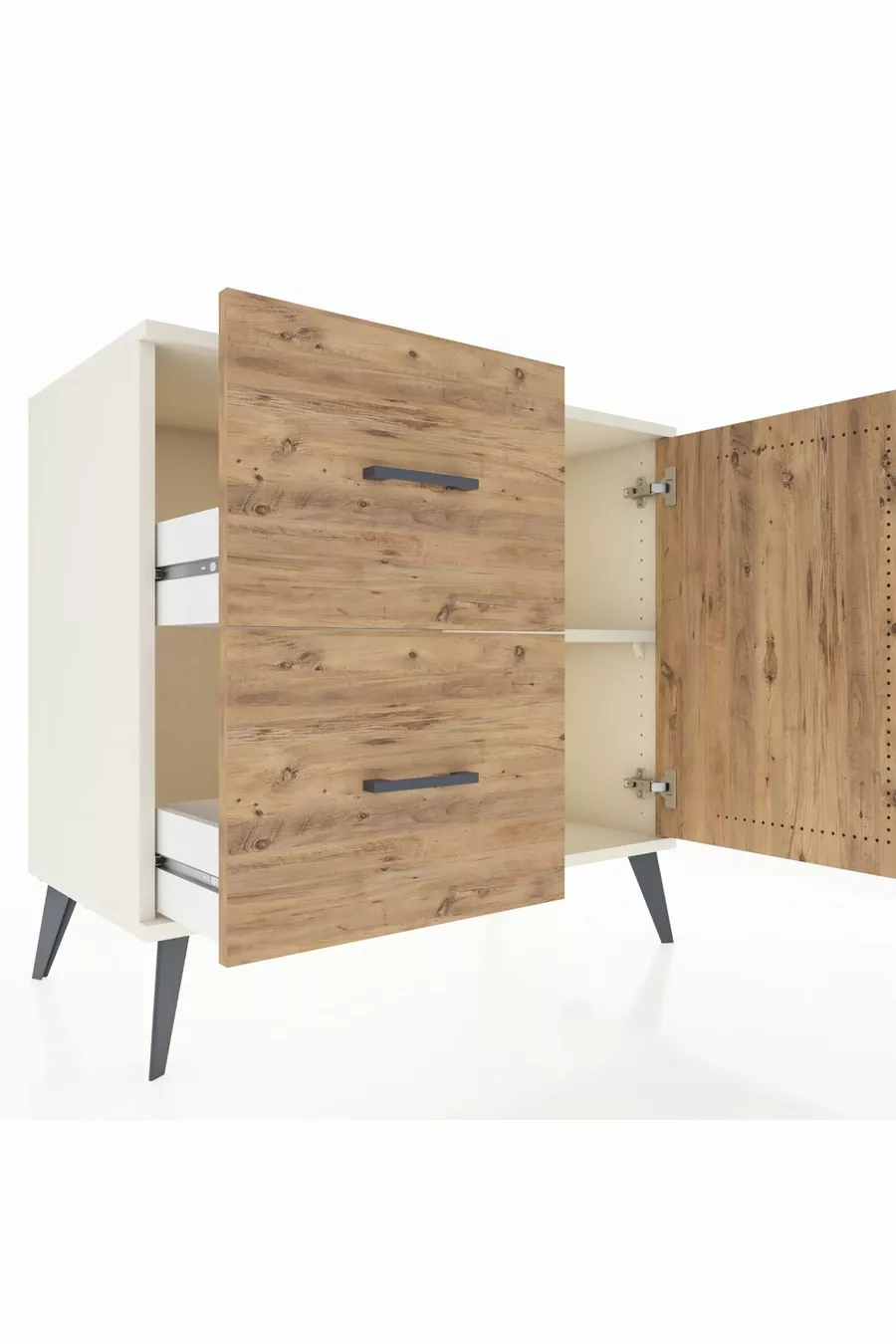 Commode Hyperion à une étagère, 2 tiroirs et 1 porte, Pierre de Lune-Pin