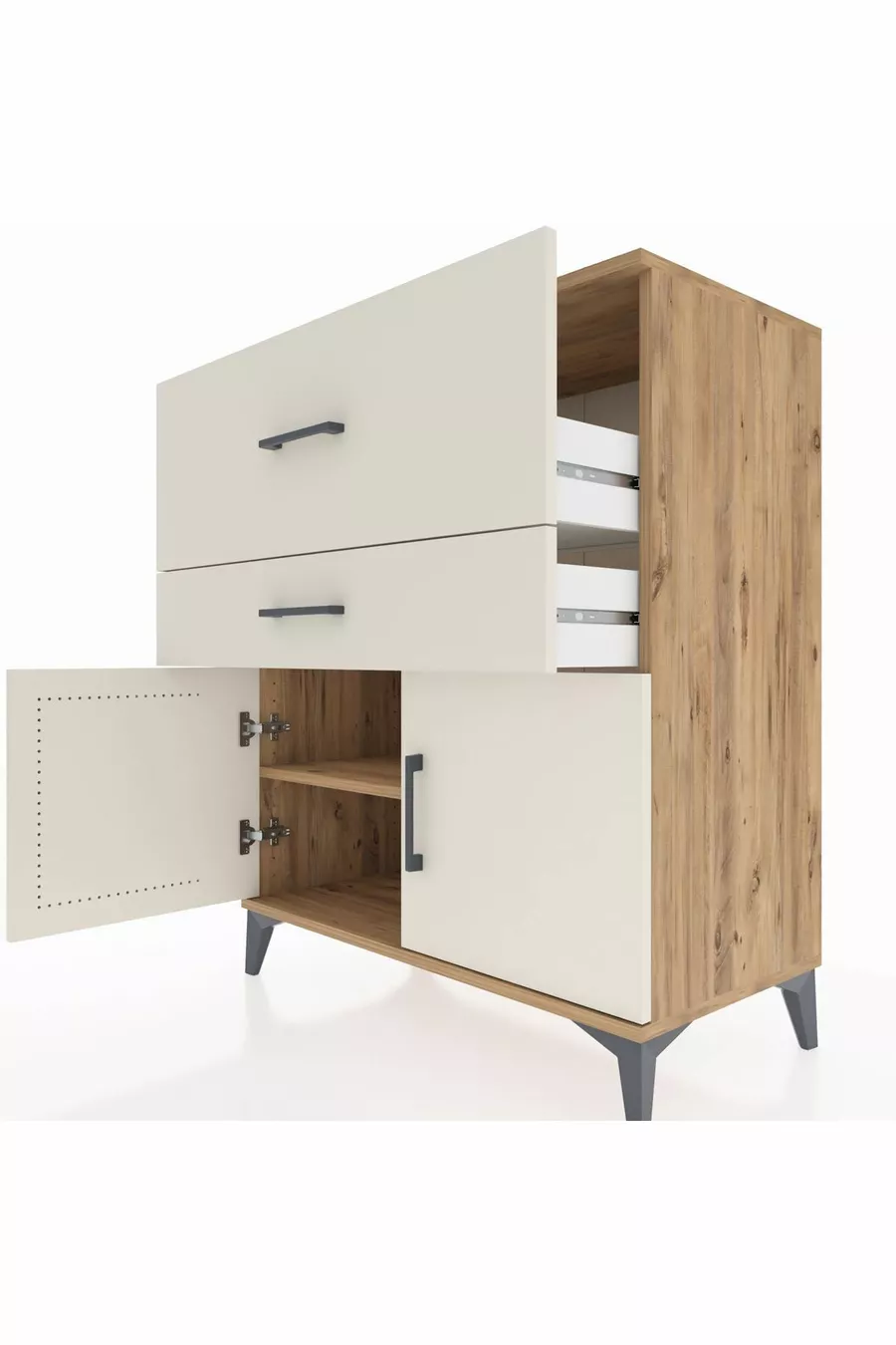 Commode Hyperion à une étagère, 2 tiroirs et 2 portes, pin-jaspe