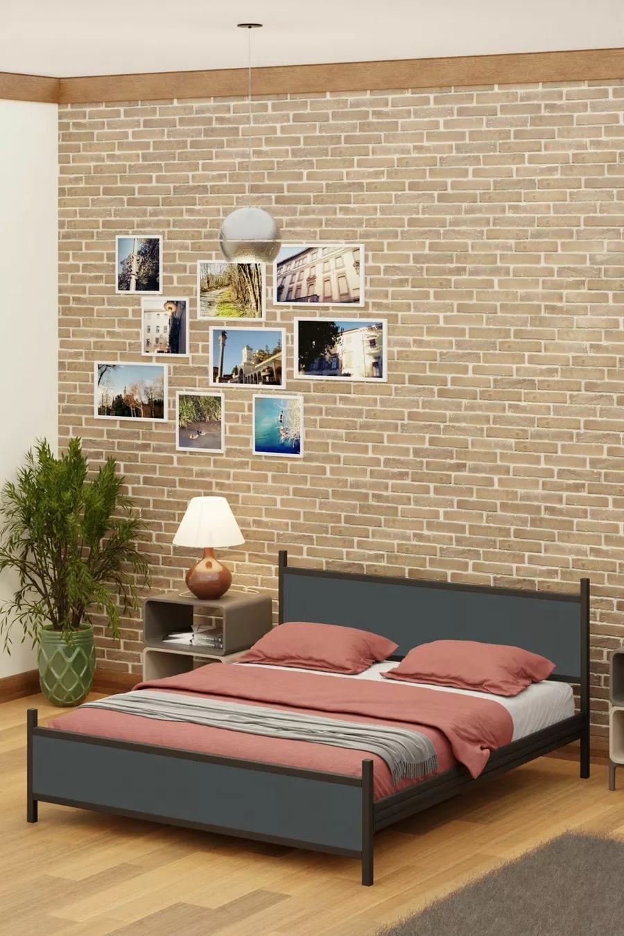 Gm Lit Double Moderne Bois et Métal Noir Anthracite Gris