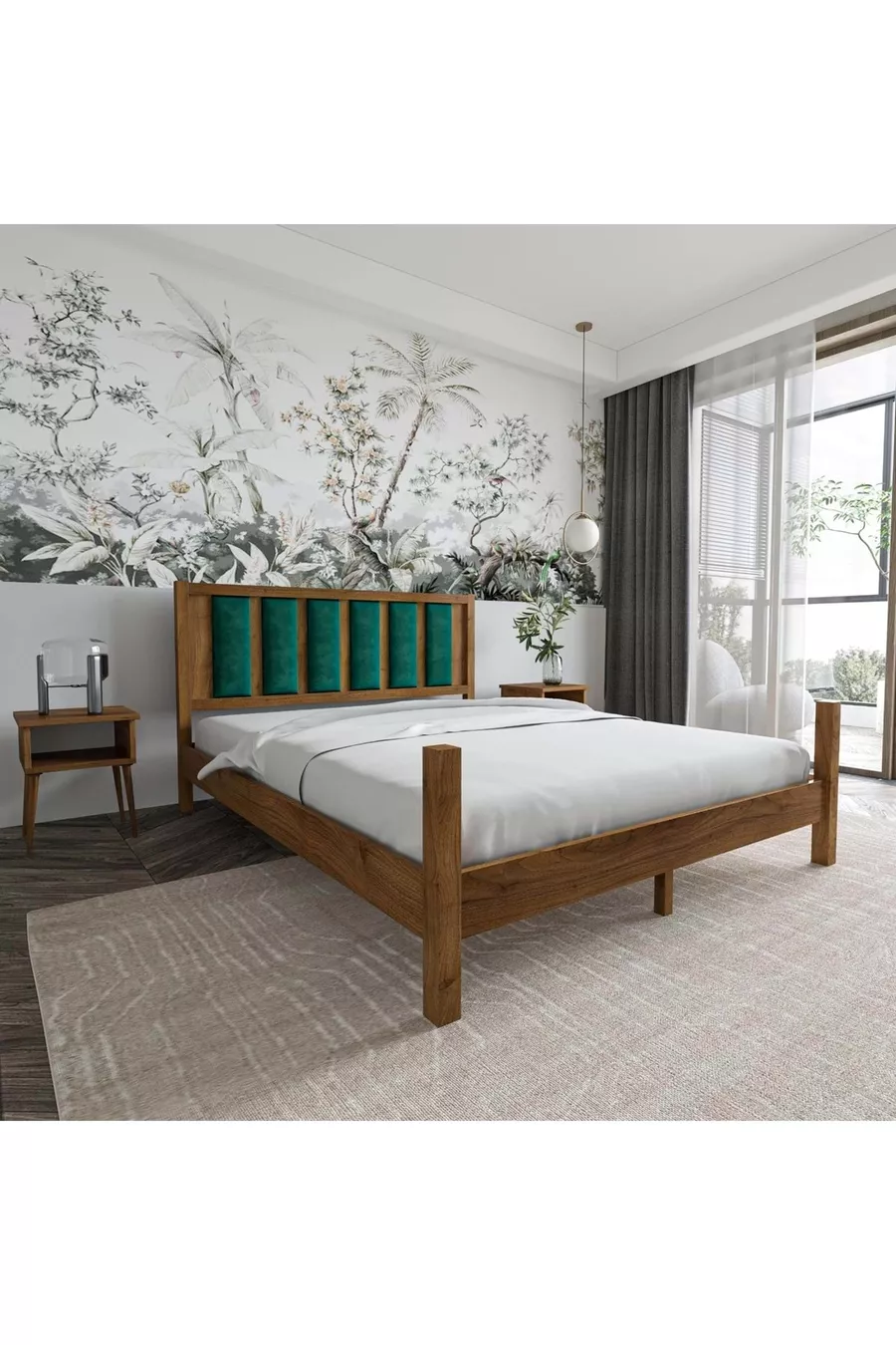 Lit en bois de pin couleur noyer avec tête de lit capitonnée vert émeraude Orion et ensemble de deux tables de chevet