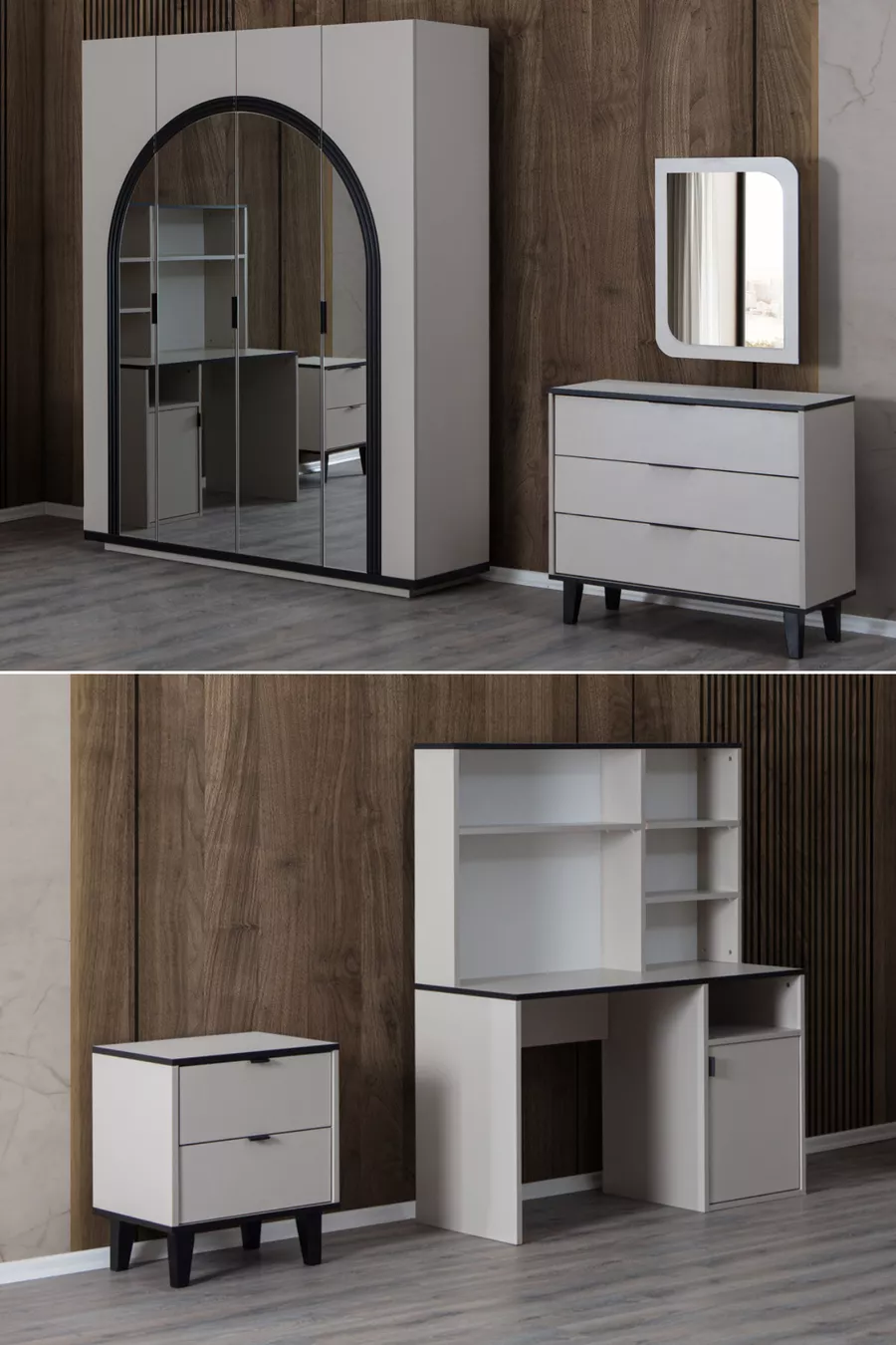 Ensemble de chambre pour jeunes Hira - Armoire 4 portes Hira, Bureau Bali, Commode, Table de chevet