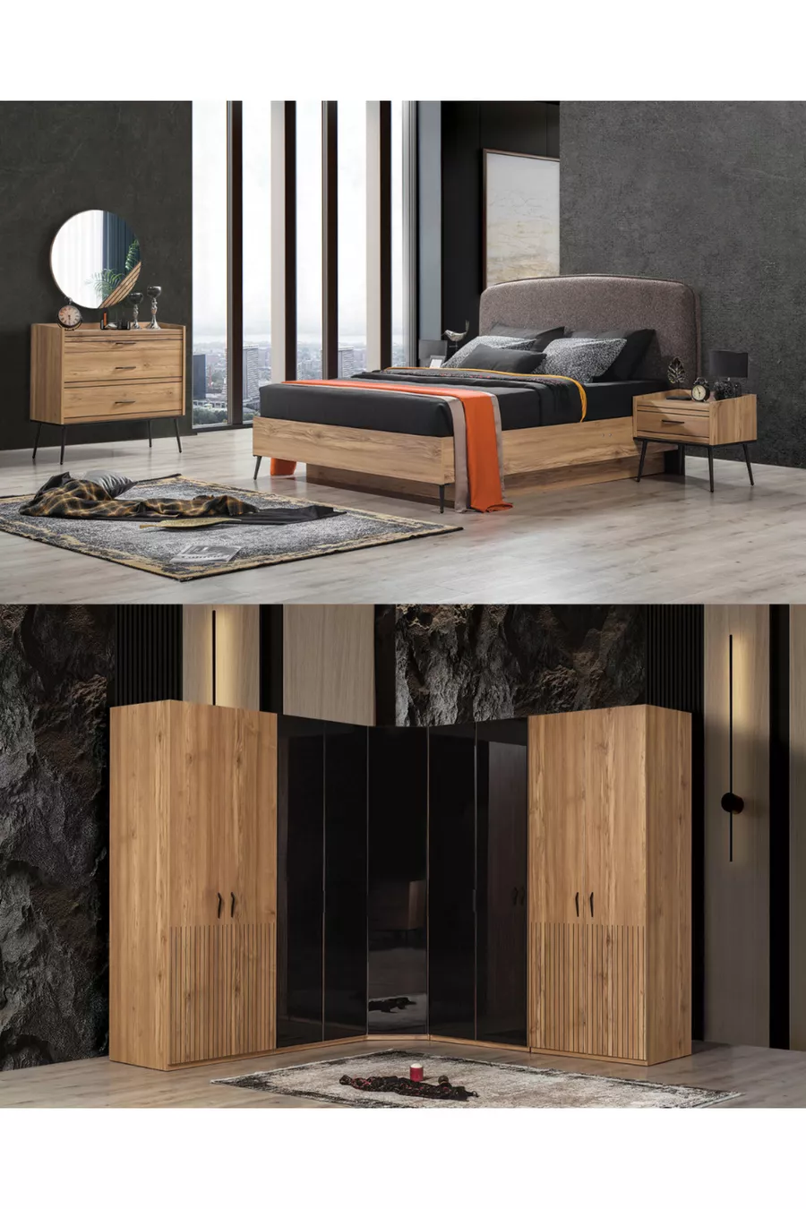 Ensemble de chambre à coucher İzgi (armoire d'angle à 9 portes + commode + table de chevet + lit)