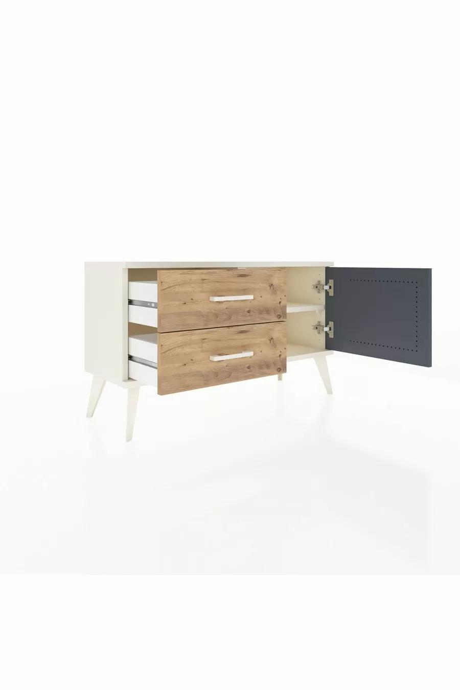 Commode Arges avec une seule étagère, 2 tiroirs et une porte, couleur Pierre de lune-Anthracite/Pins