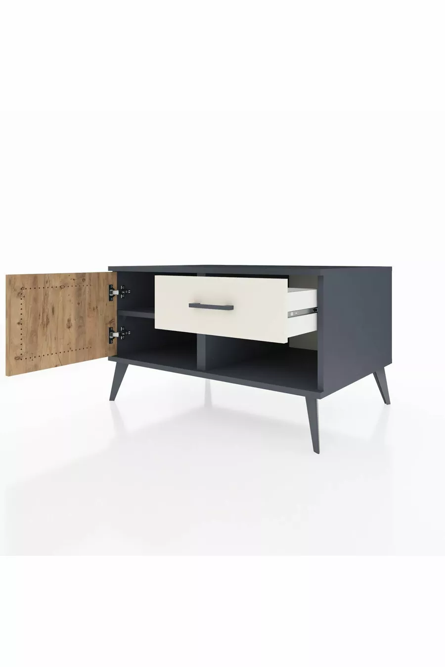 Commode Kronos avec une seule étagère, un tiroir et une porte, anthracite-pin/pierre de rivière
