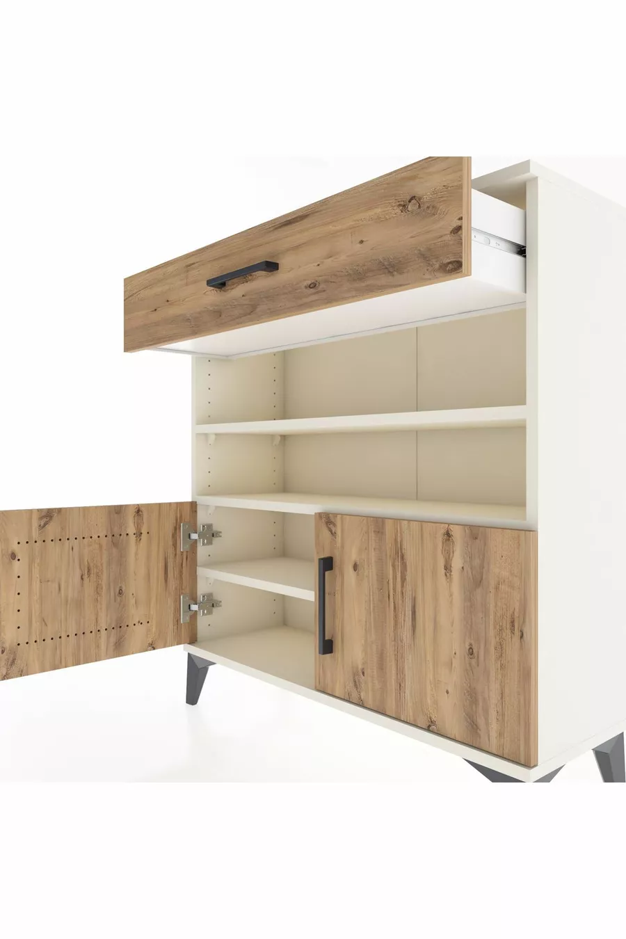 Commode Arges 3 étagères, 1 tiroir, 2 portes, Pierre de lune-Pin
