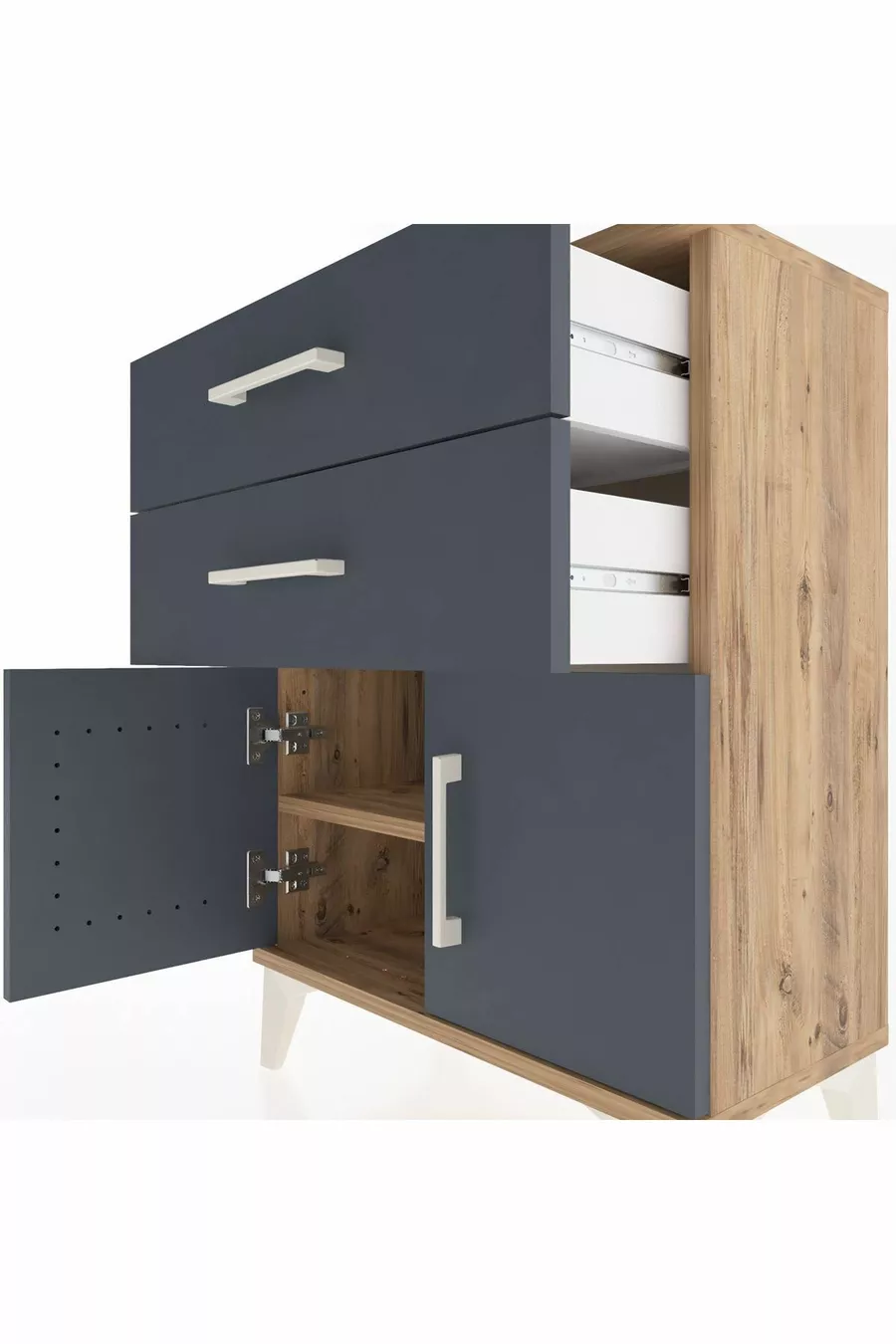 Table de chevet Arges avec une étagère, 2 tiroirs et 2 portes, pin-anthracite