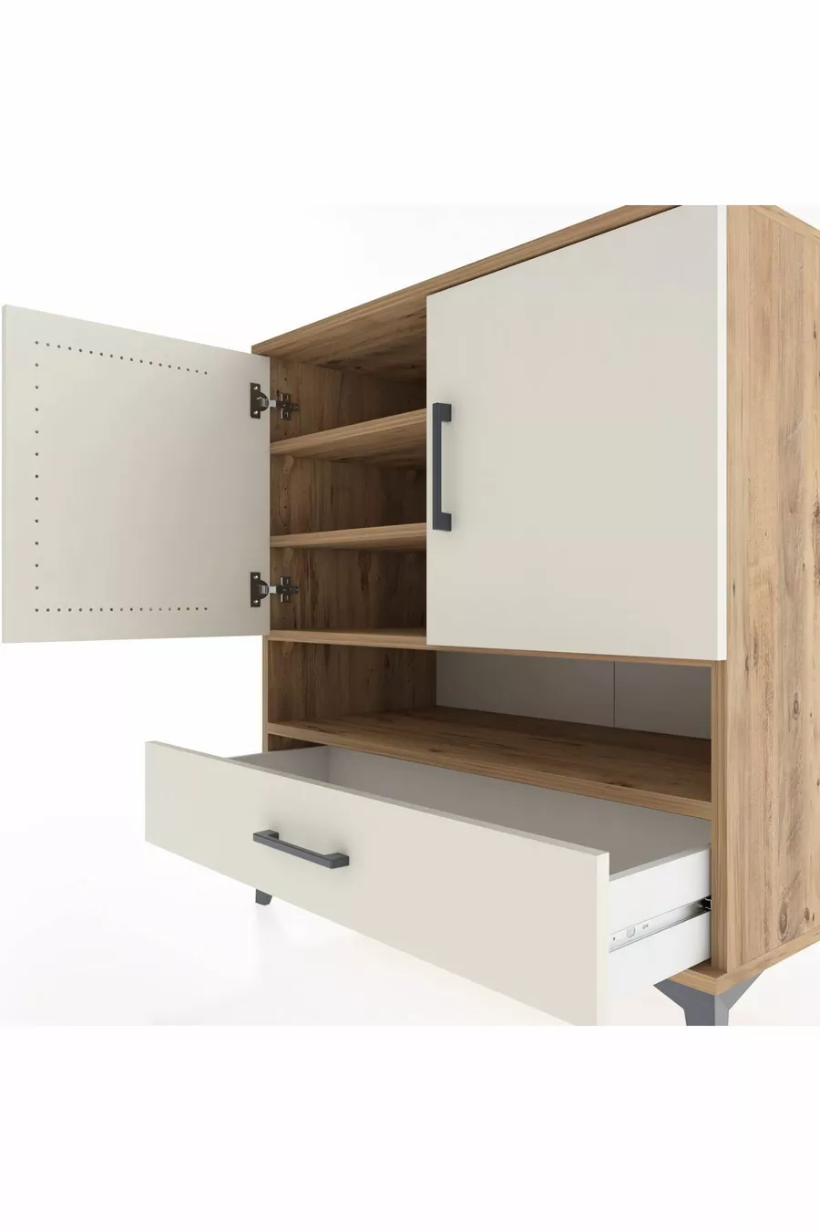 Commode Hyperion 4 étagères, 1 tiroir, 2 portes, pin-jaspe