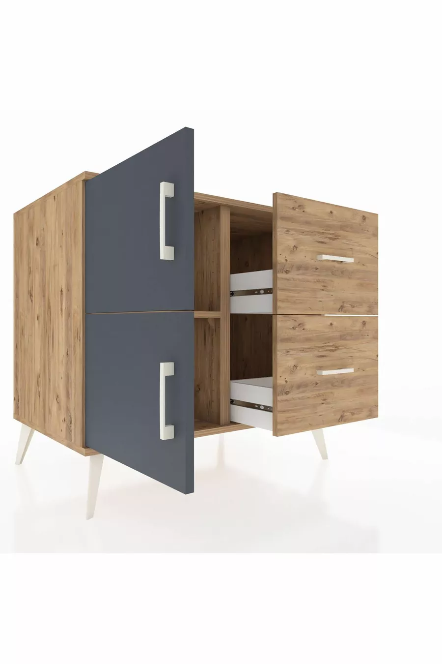 Commode Kronos à une étagère, 2 tiroirs et 2 portes, Pin-Anthracite/Pin