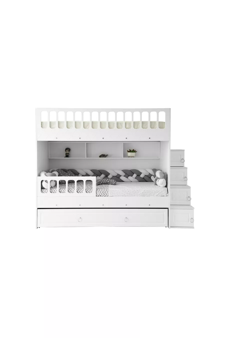 Zümrüt Lit à Étage / MDF à 100 % / 2 Matelas à Ressorts en Bambou / 2 Ensembles de Literie Offerts