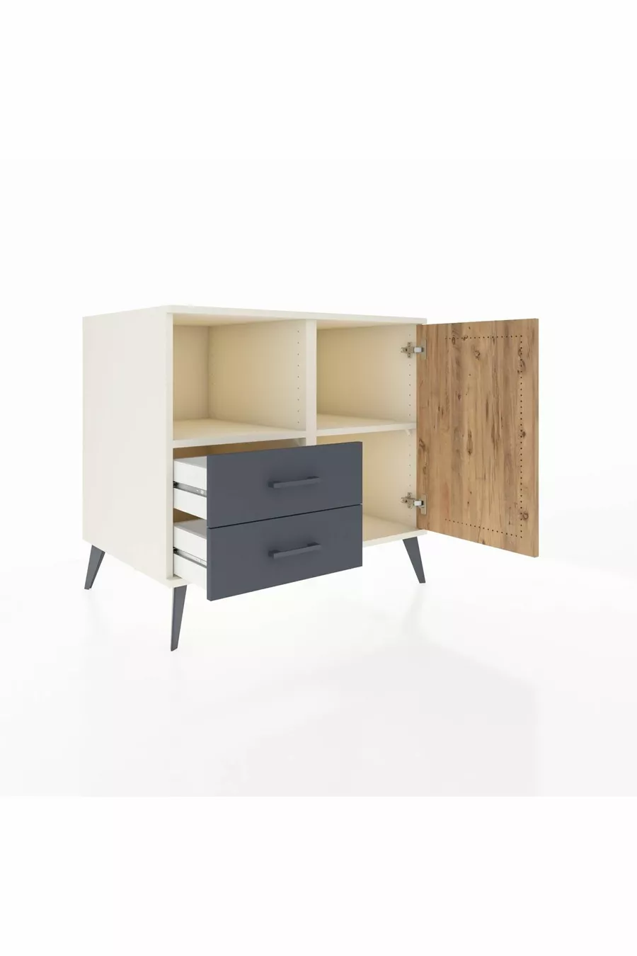 Commode Kronos avec 2 étagères, 2 tiroirs et 1 porte, Albâtre-Pin/Anthracite
