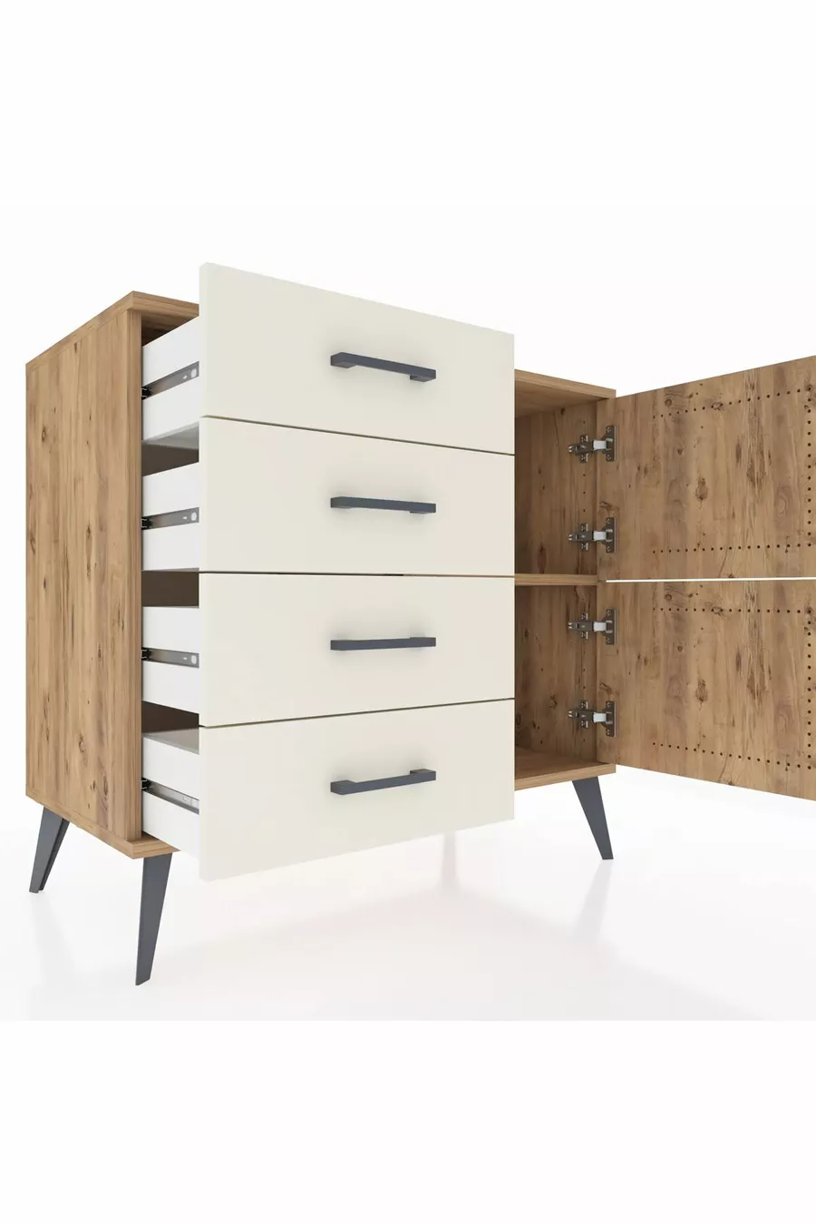 Commode Hyperion avec une seule étagère, 4 tiroirs et 2 portes, pin-pin / pierre d'âme