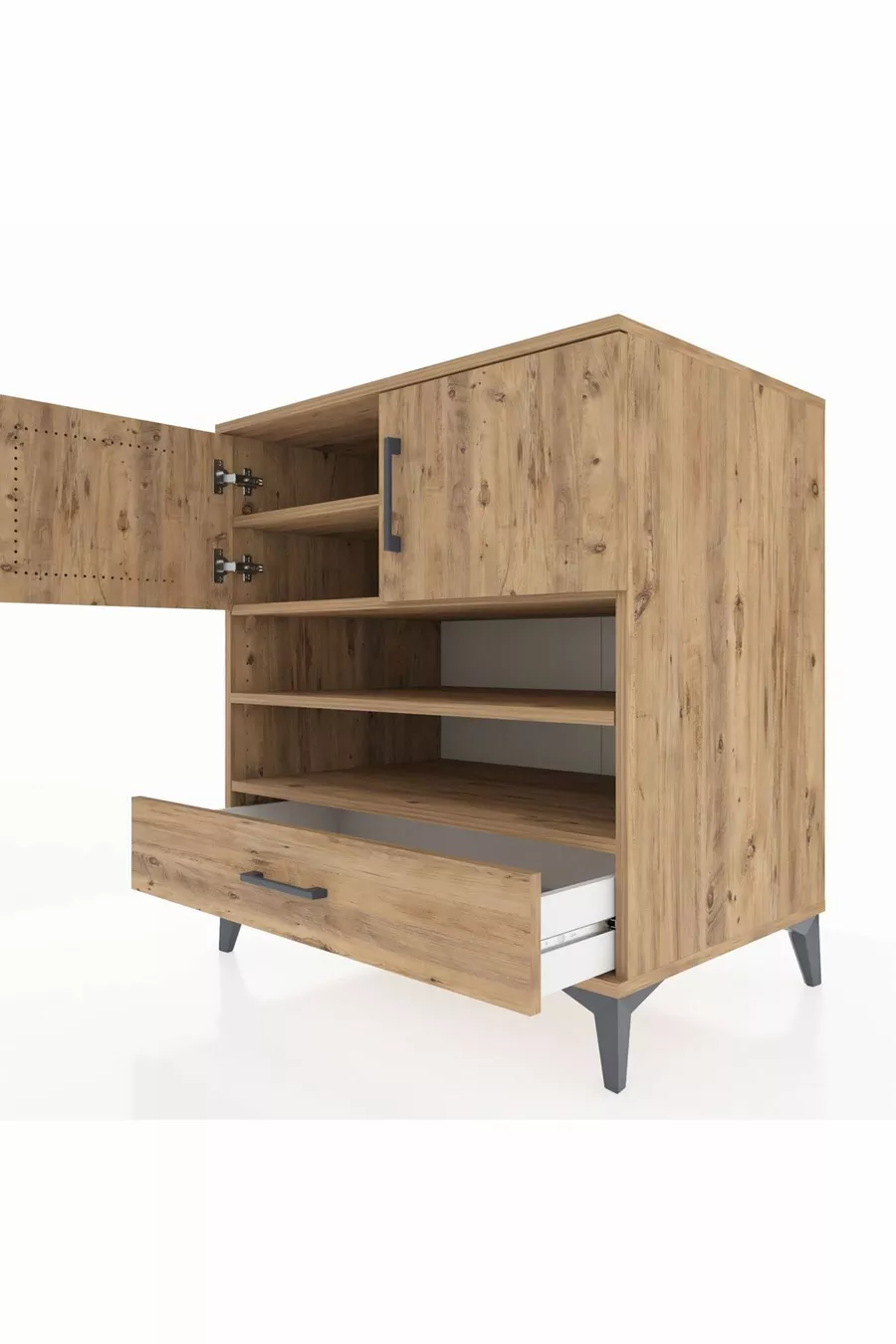 Commode Kronos 4 étagères, 1 tiroir, 2 portes, Pin-Pin