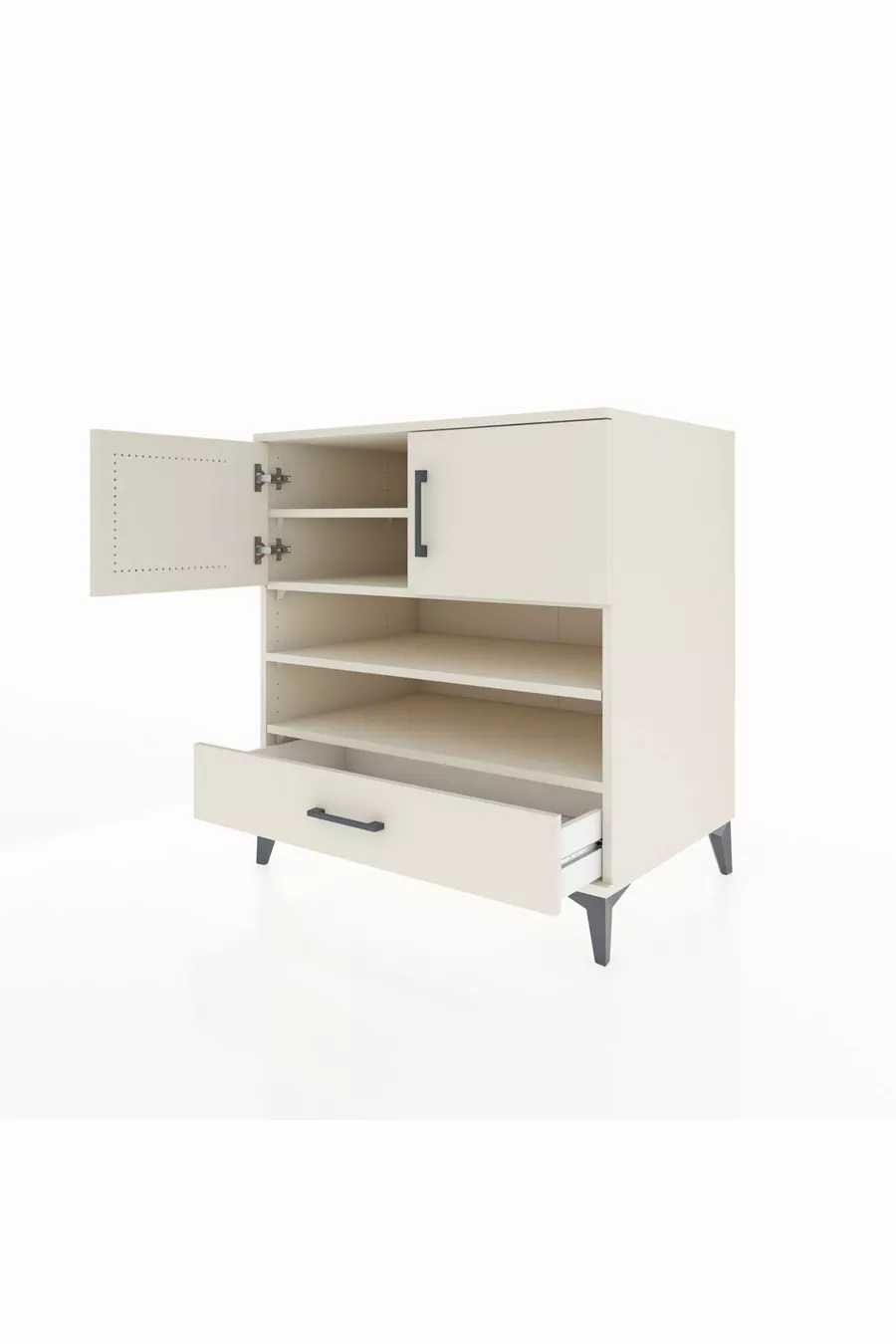 Commode Kronos avec 4 étagères, 1 tiroir et 2 portes, Pierre de Lune-Pierres de Lune