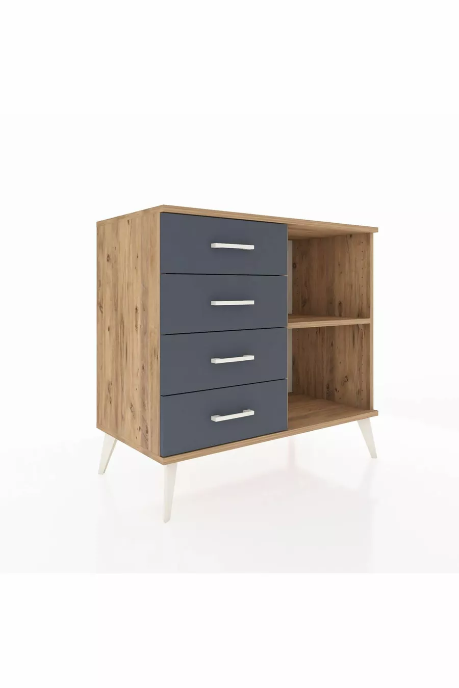 Commode Hyperion à une étagère, 4 tiroirs, Pin-Pin/Anthracite