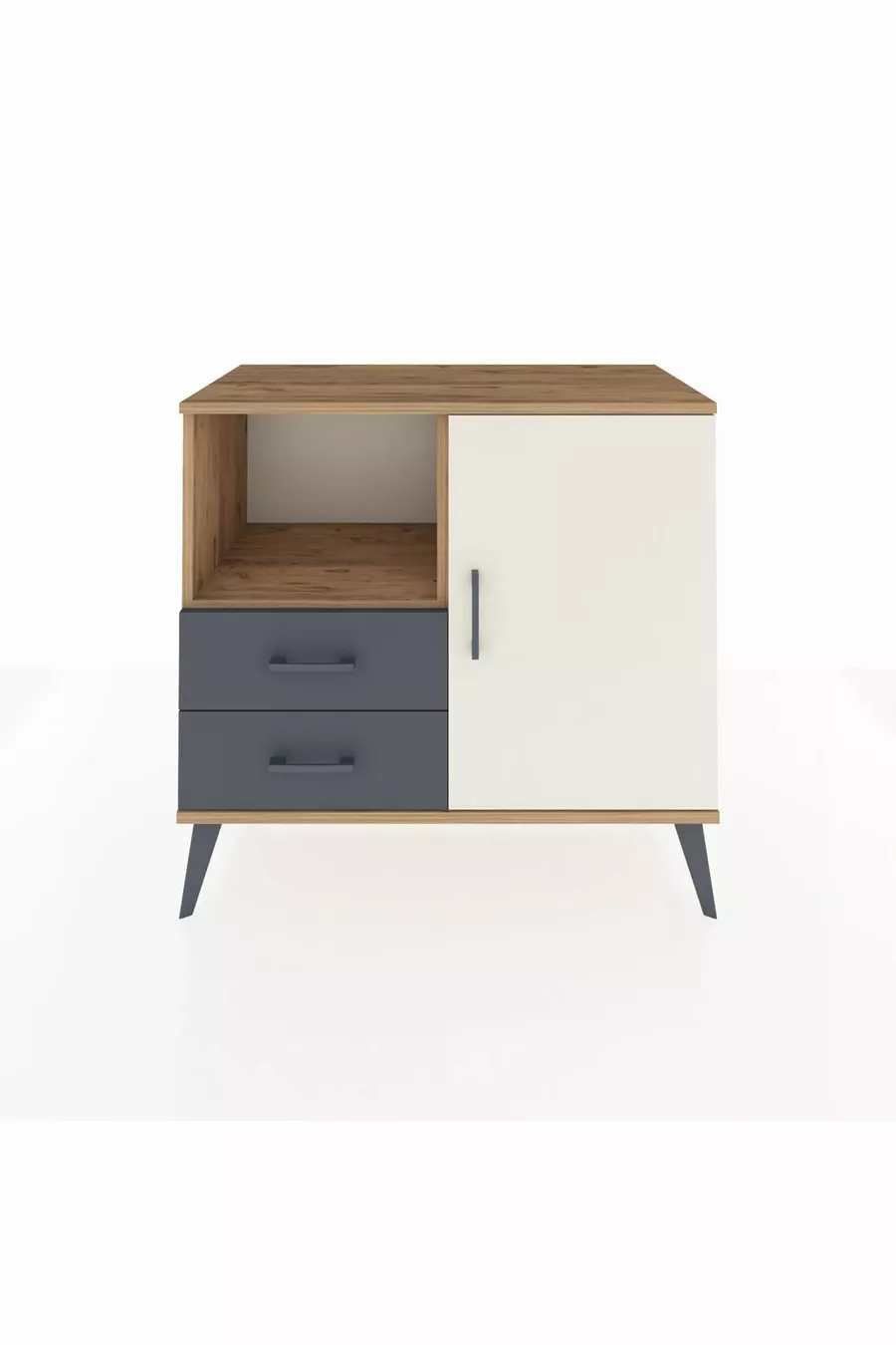 Commode Hyperion avec 2 étagères, 2 tiroirs et 1 porte, en pin et gris anthracite