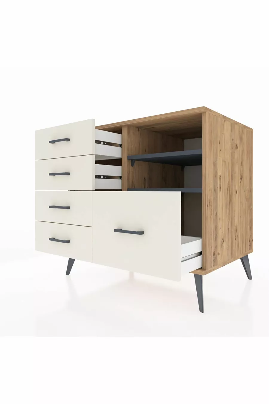Commode Kronos 2 étagères 5 tiroirs Pin-Anthracite / Pierre de Lune