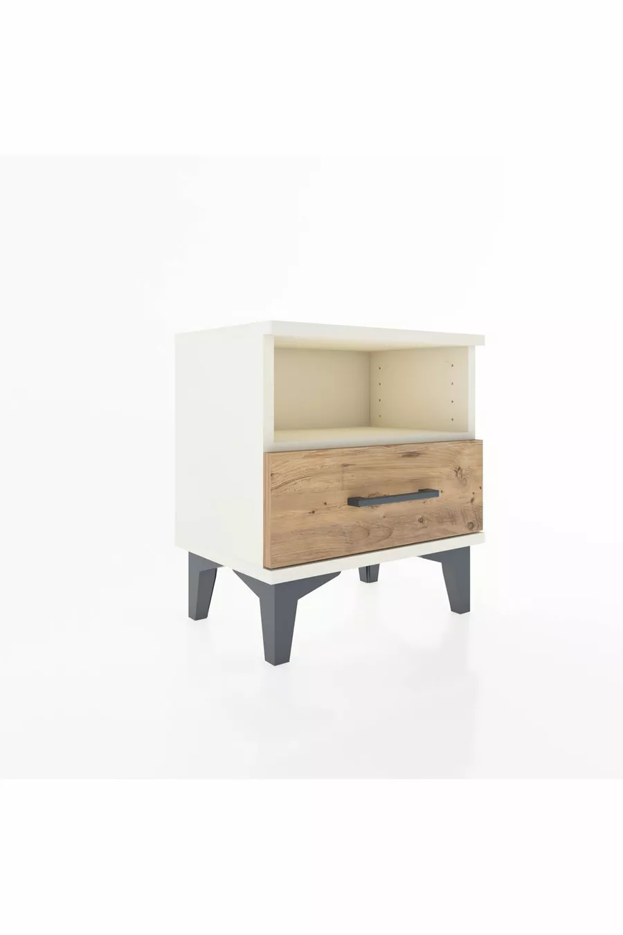 Table de chevet Arges avec une étagère et un tiroir, en pierre d'onyx et pin