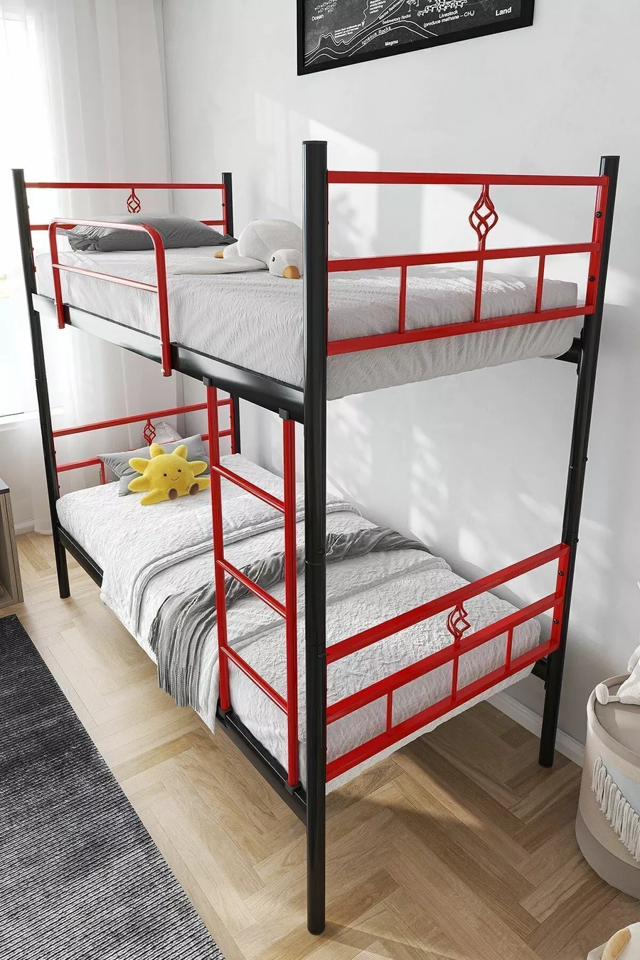 Lit superposé Koza Ranza compatible avec matelas, rouge, cadre métallique détachable