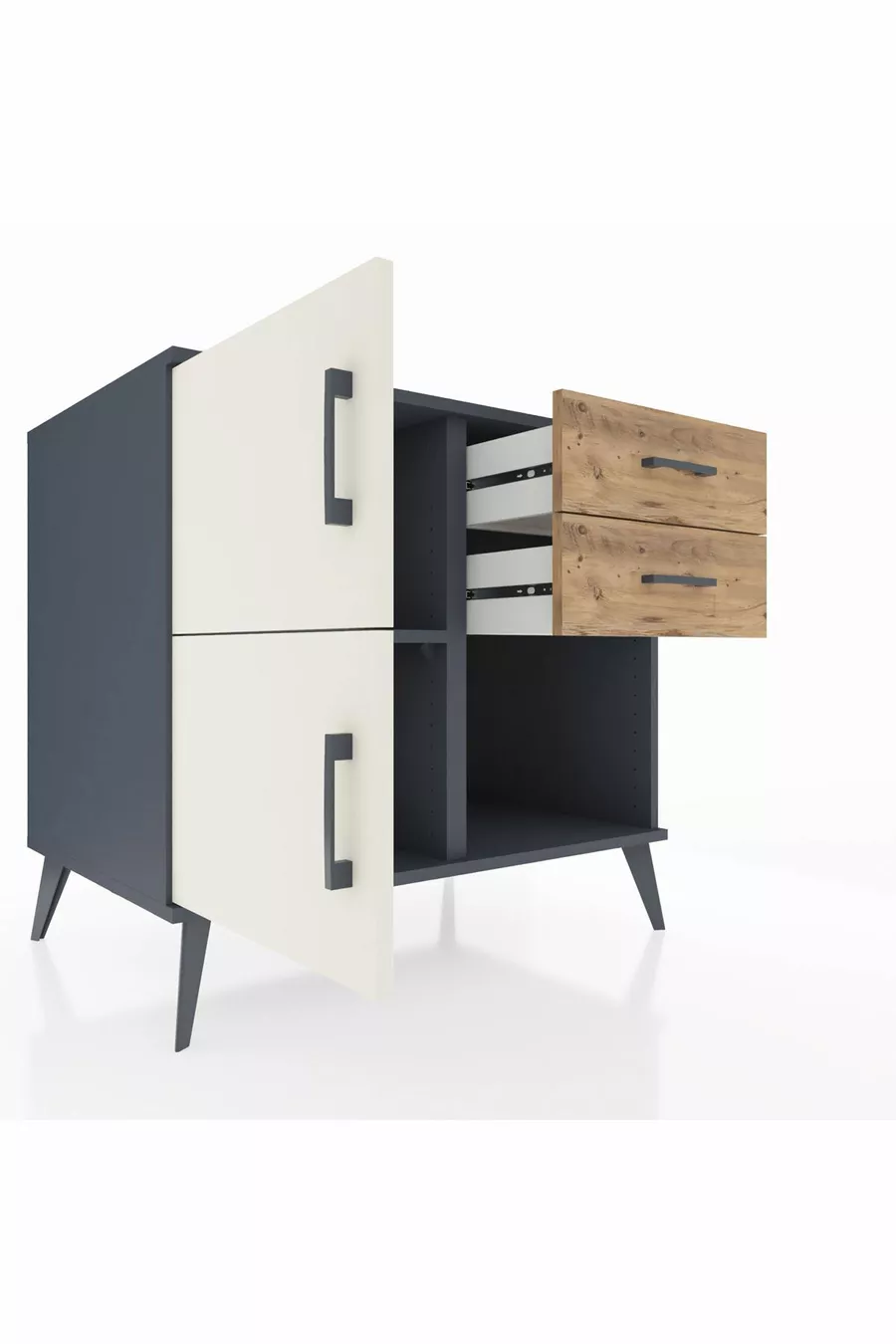 Commode Kronos à une étagère, 2 tiroirs, 2 portes, Anthracite-Pierre de Lune/Pin