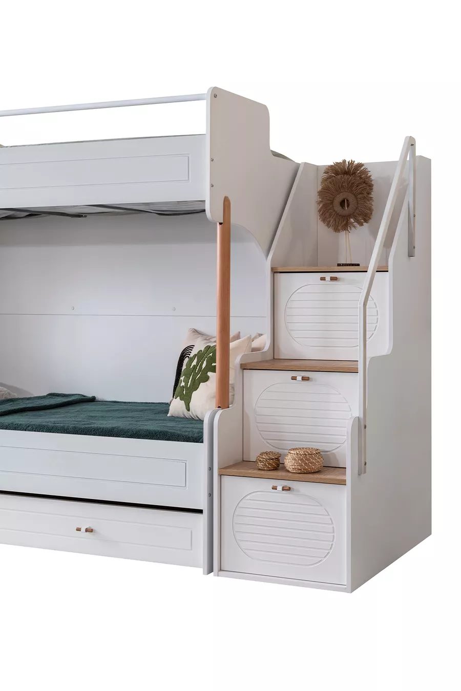 Lit superposé Ranza, lit superposé Vita Bohem avec tiroirs blanc, armoire à 4 portes, 2 matelas Comfort