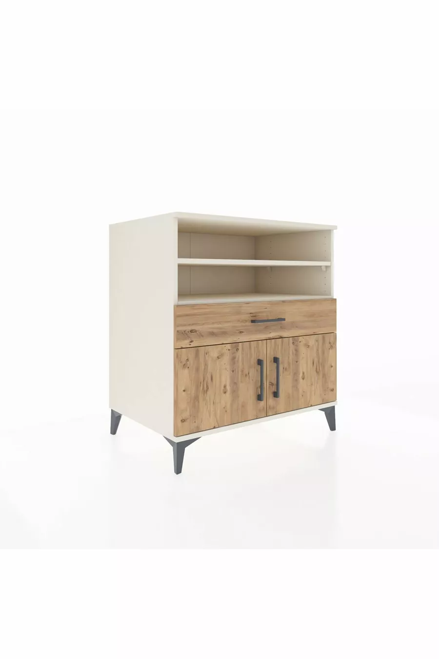 Commode Kronos avec 3 étagères, 1 tiroir et 2 portes, Pierre de Lune-Sapin