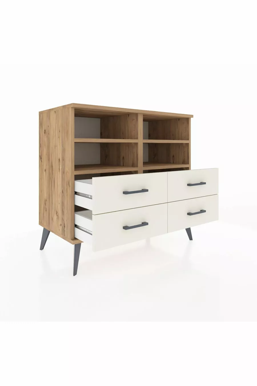 Commode Hyperion 4 étagères 4 tiroirs Pin-Pin/Marbre blanc