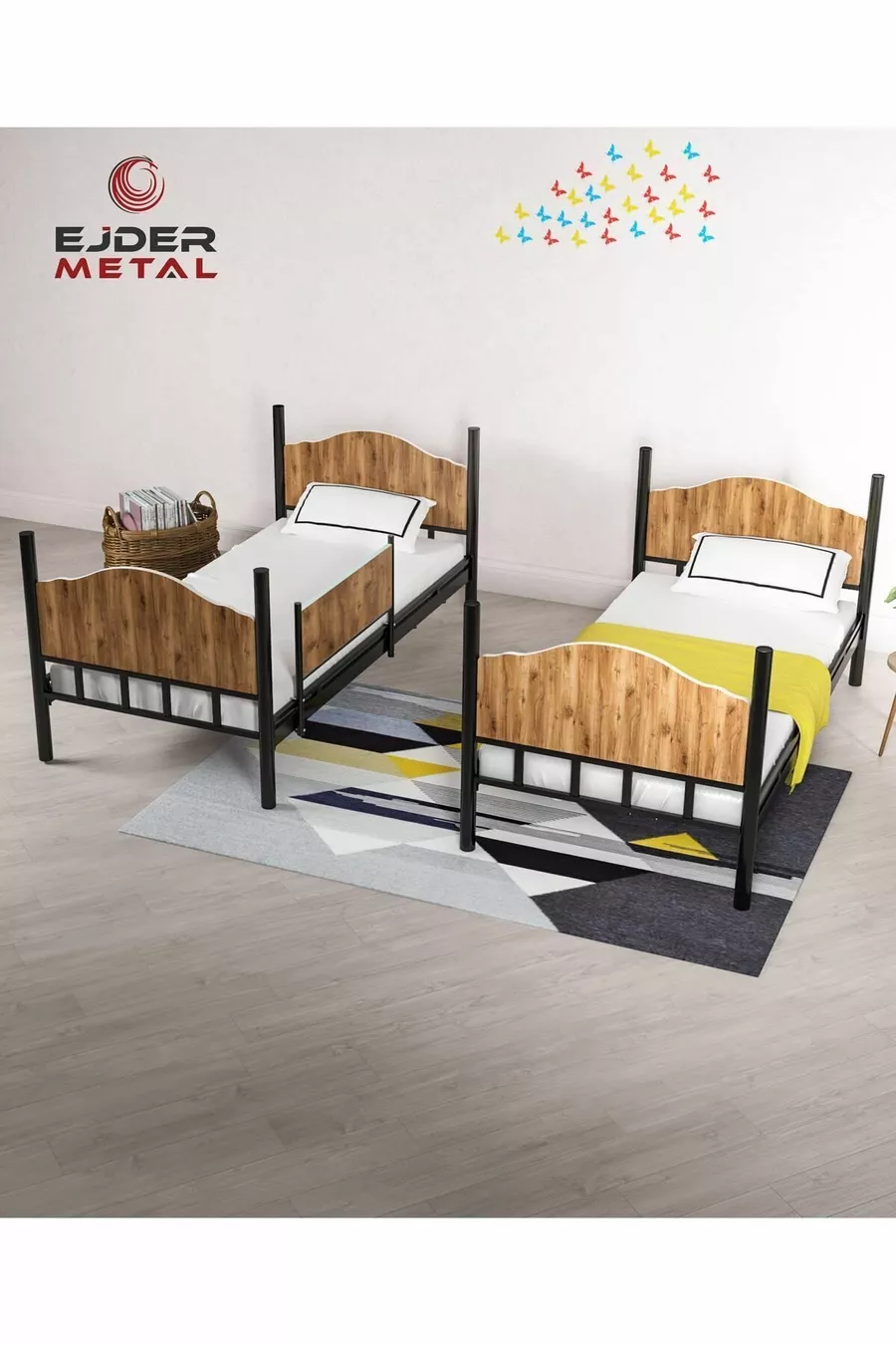 Lit superposé métal et bois Noir-noix (SANS MATELAS)