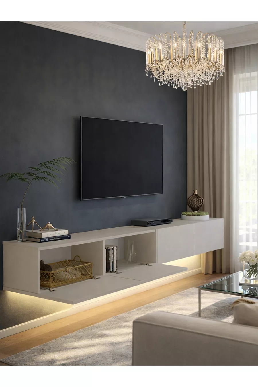 Meuble TV avec LED & Unité, Unité TV Murale Sable  cm | Homeros