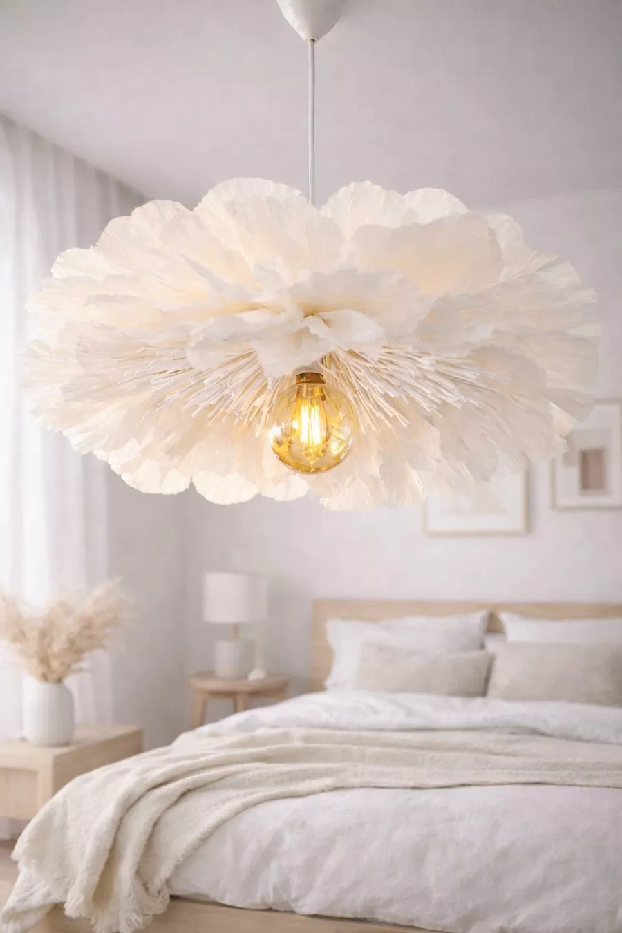 Lumi Bloom Abat-jour de fleurs fait main en papier crêpon italien blanc, éclairage pour salon et chambre