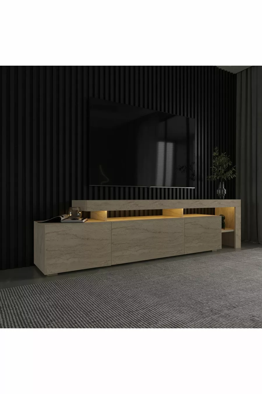 Meuble TV Beliz moderne à LED avec 3 portes et étagères –  cm - Motif travertin