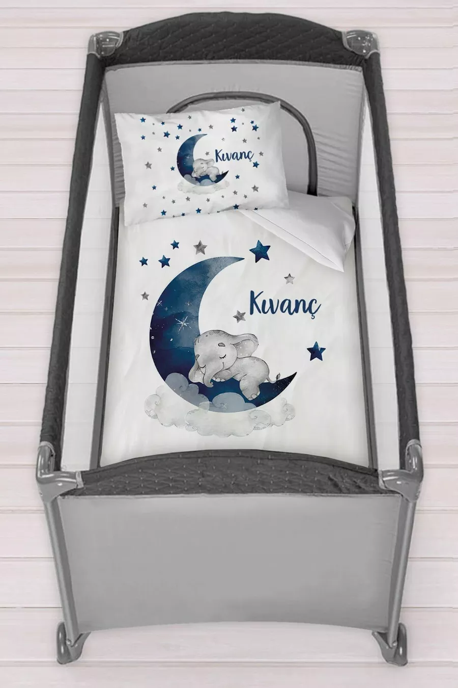 Ensemble de literie pour lit bébé  personnalisé avec le nom, bleu, Éléphant sur la Lune
