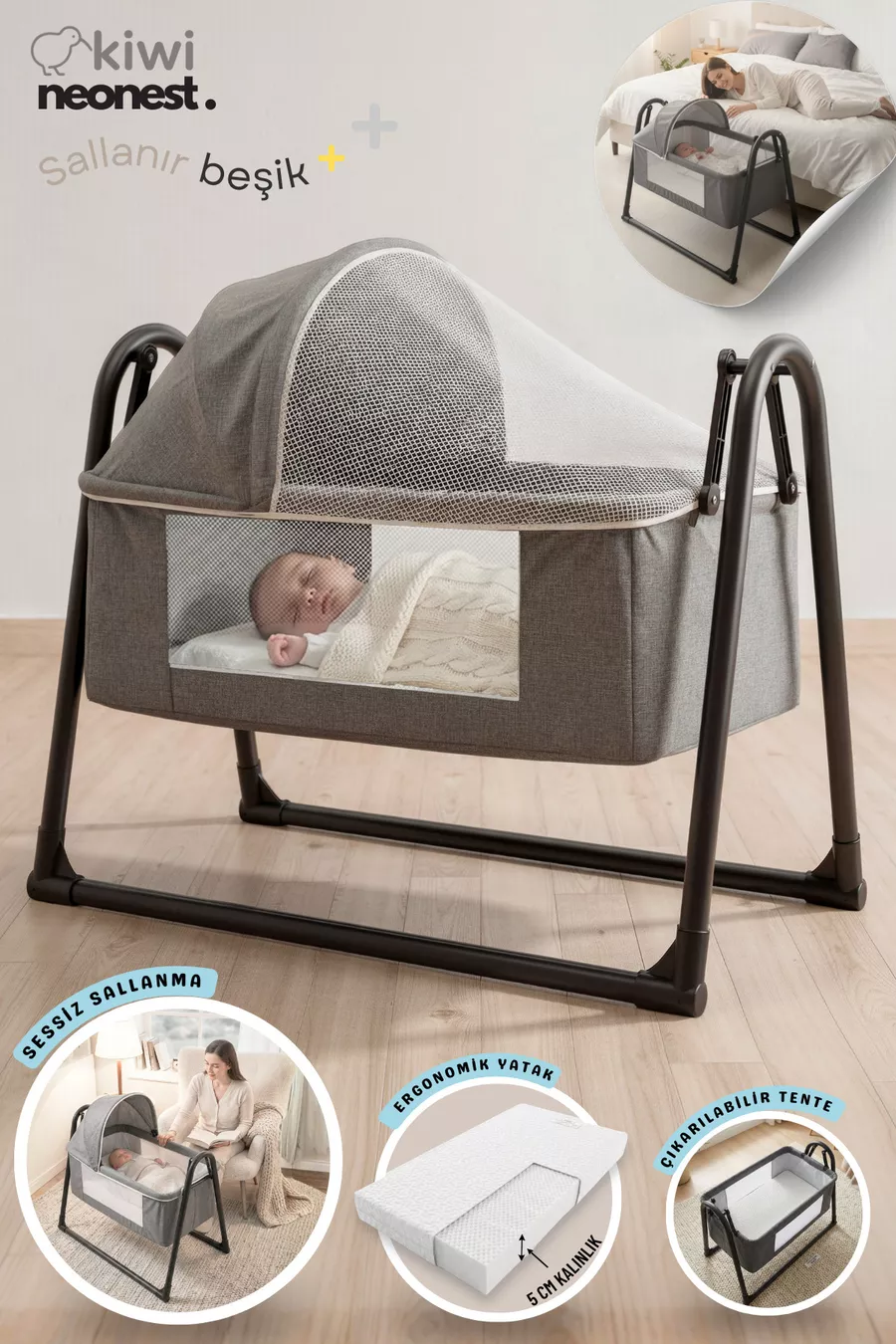 Lit bébé à côtés épais, avec moustiquaire et tente, suspendu. Berceau panier portable neuf anthracite