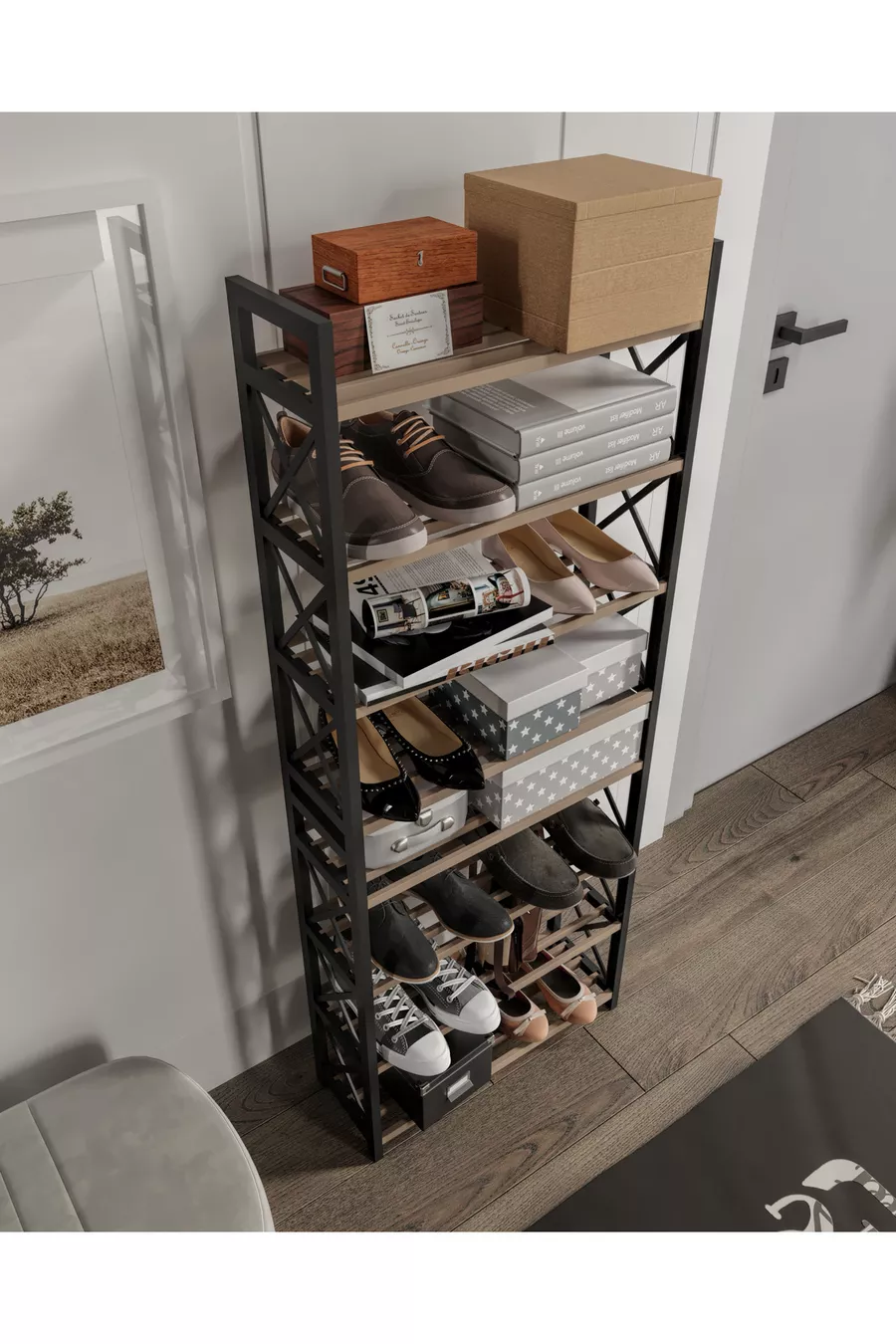 ORGANISEUR DÉCORATIF ÉTAGÈRE À CHAUSSURES MASSIF EN BOIS ET PLASTIQUE 8 NIVEAUX