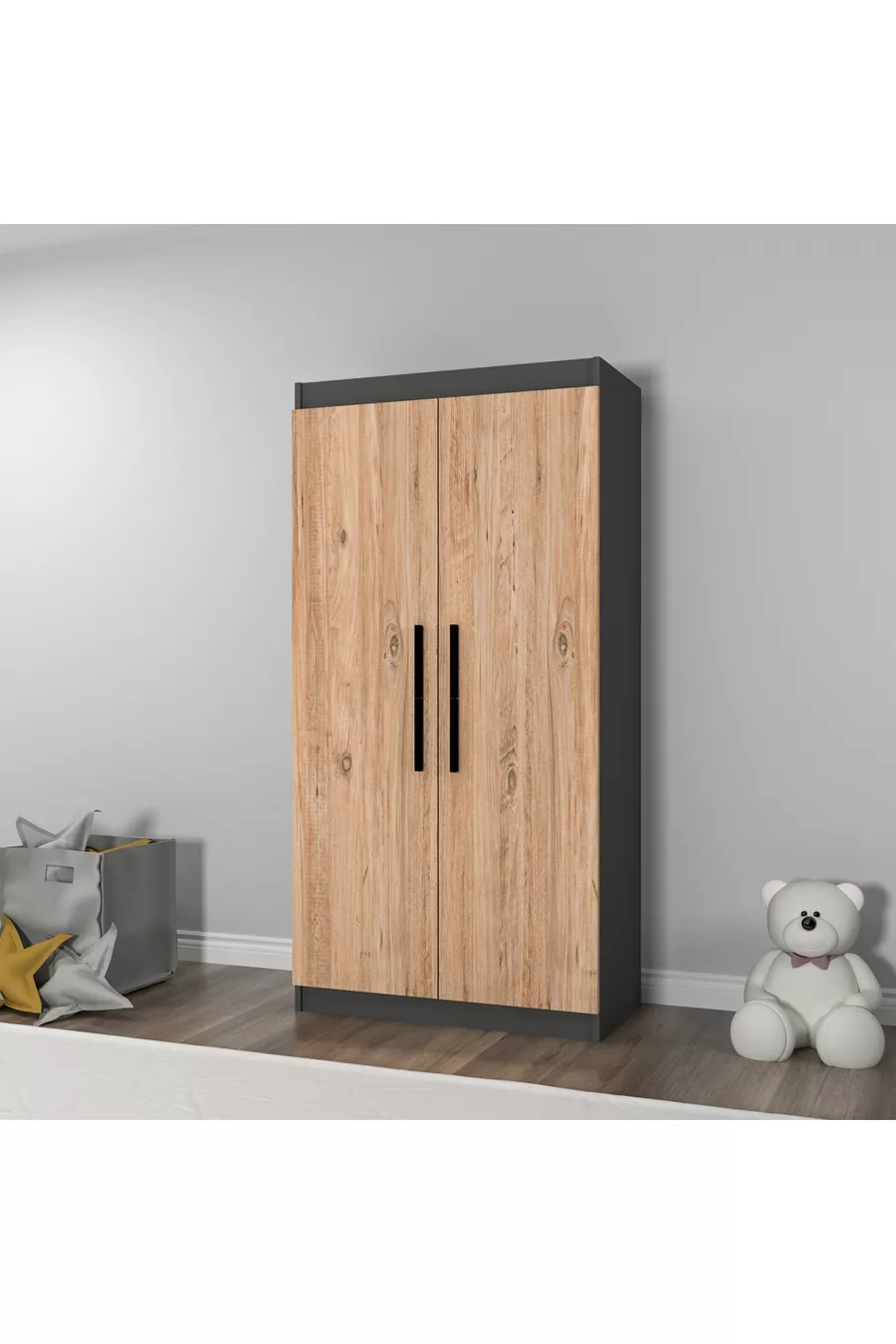 Chambre Jeune Akser Ensemble 4 pièces – Pin Atlantique Anthracite (Bureau, Lit, Armoire, Étagère Murale)