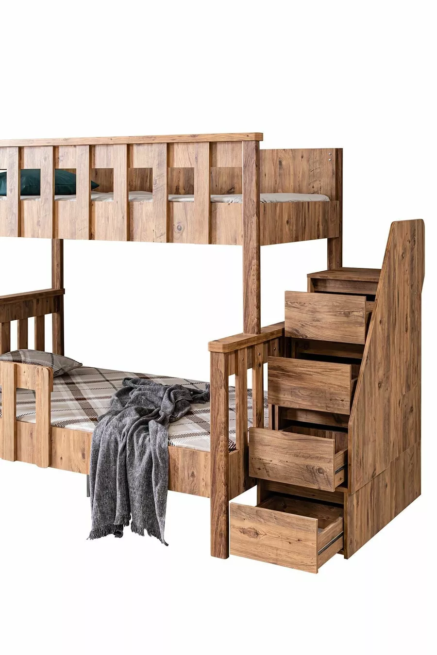 Lits superposés profil MDF, lit superposable Deluxe détachable - Noyer + 2 matelas Comfort