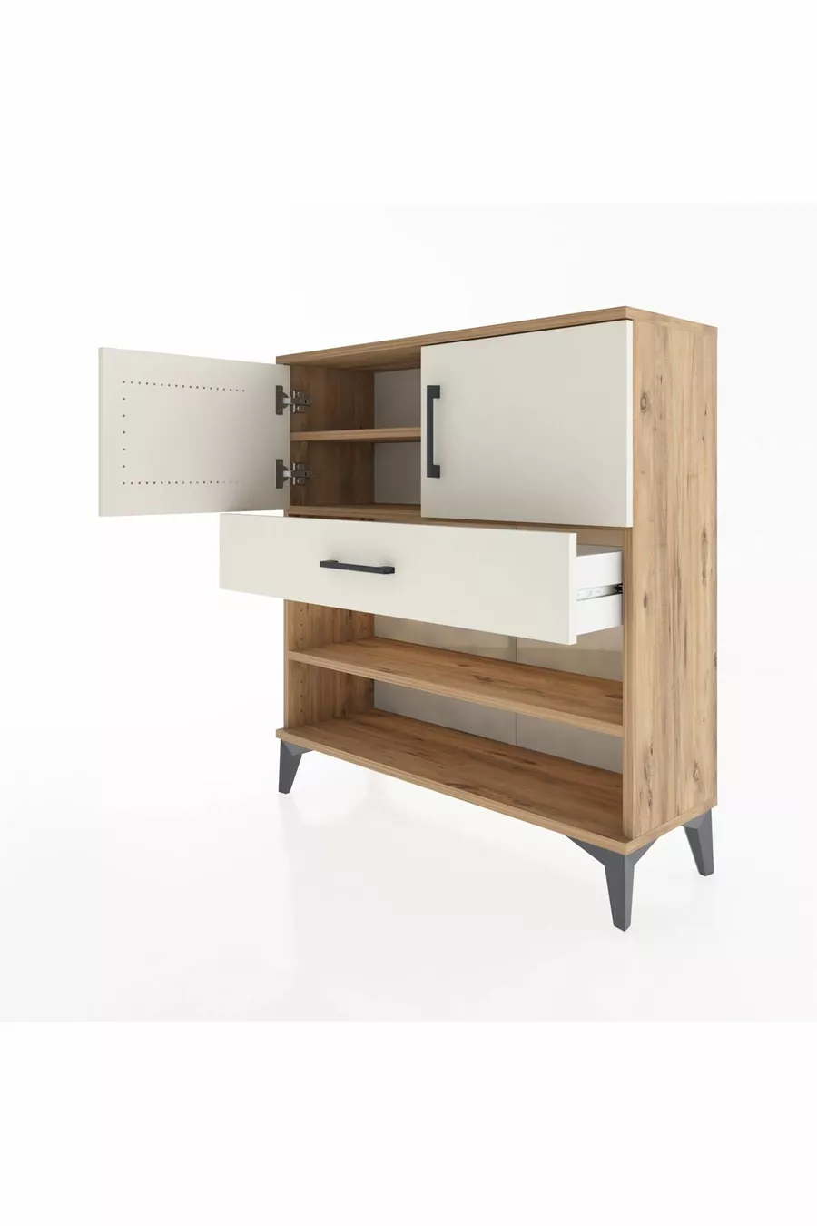 Commode Arges avec 3 étagères, 1 tiroir et 2 portes, en pin-pierre d'ardoise