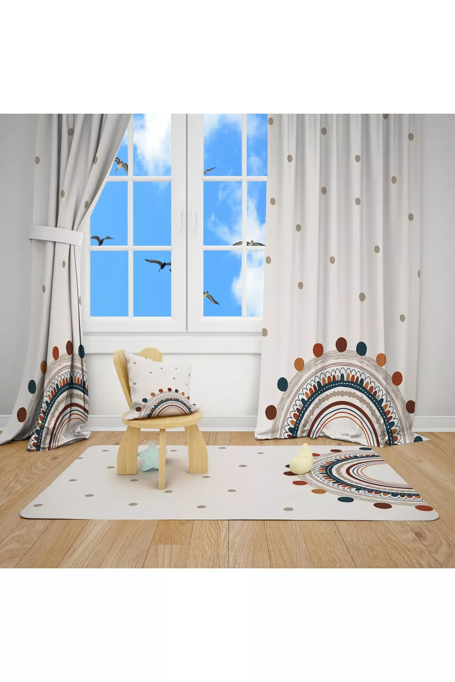 Ensemble chambre d'enfant Arc-en-ciel (rideau de fond - couvre-lit et oreiller - tapis)